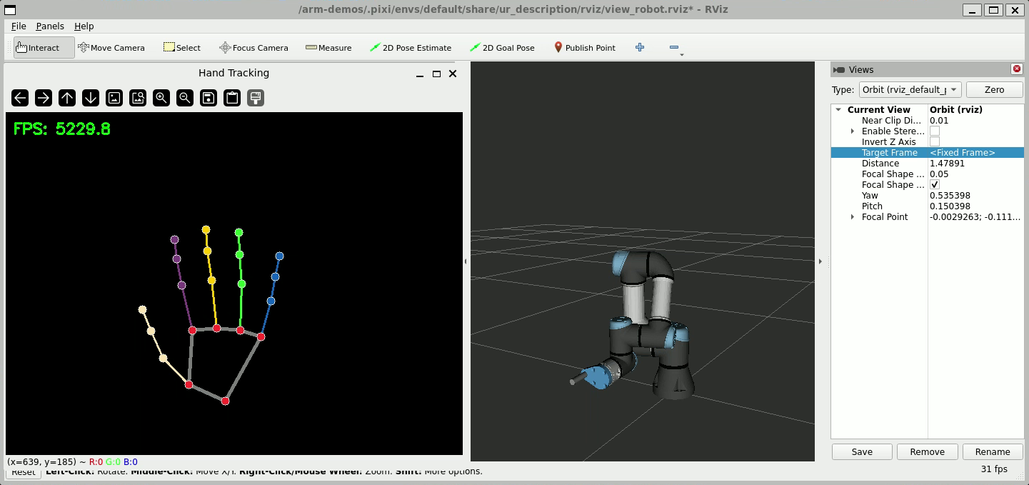 A screenshot of the OpenCV and RViz windows, showing landmarks for a hand and a model of the UR3e's position.